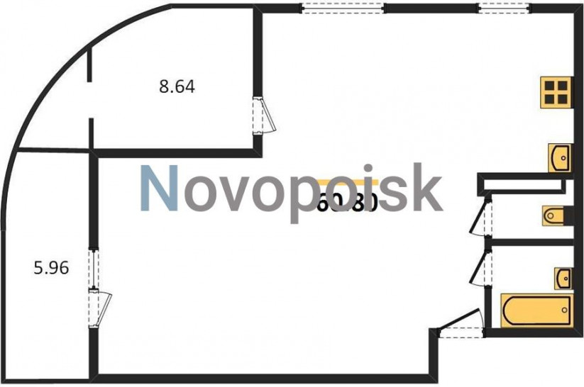 Двухкомнатная квартира 60.8 м²